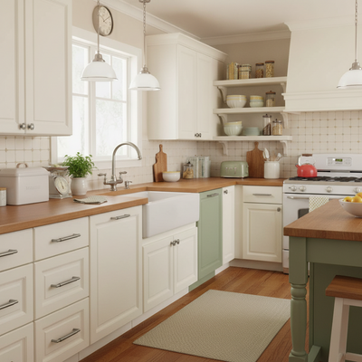 Modern kitchen with white cabinets, wooden countertops, and various kitchen items.