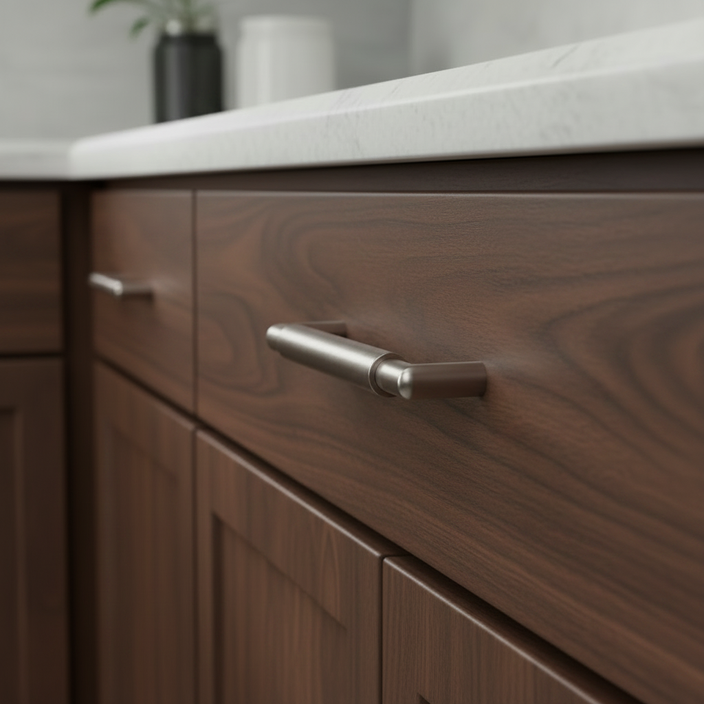 Close-up of a green cabinet with a silver handle in a kitchen setting.