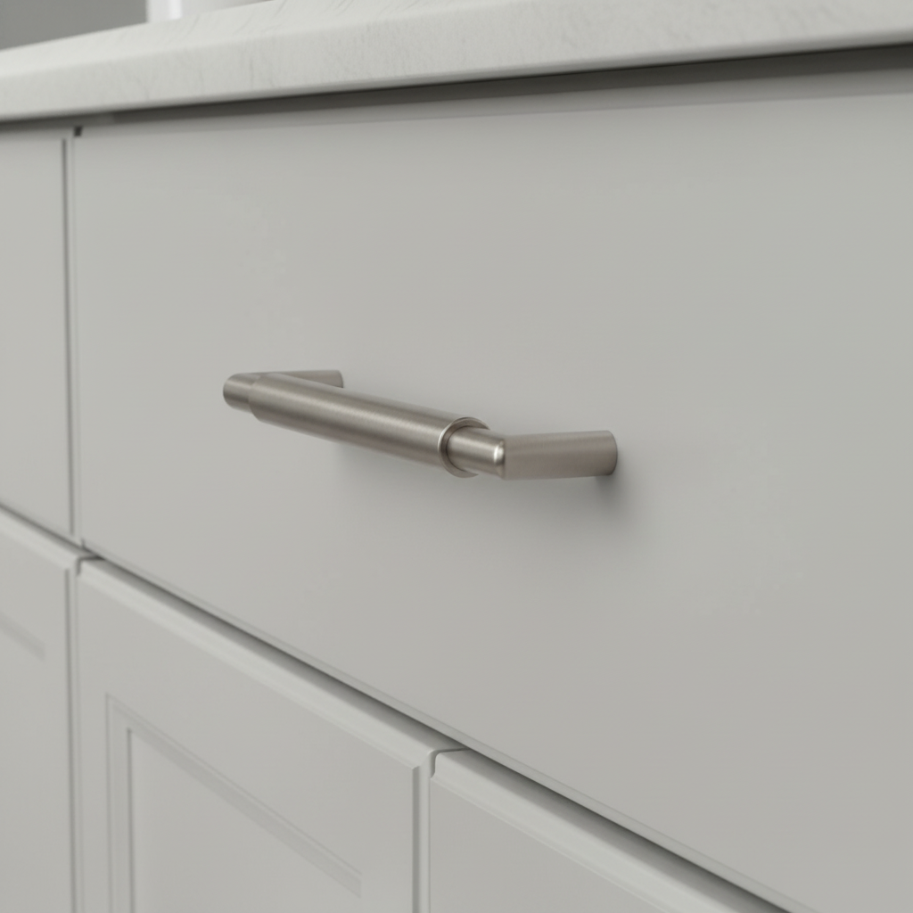 Close-up of a gray cabinet with a metallic handle