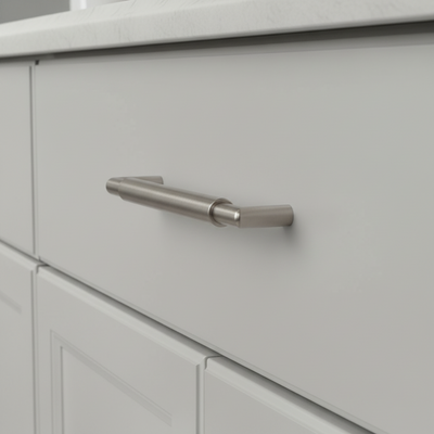 Close-up of a gray cabinet with a metallic handle