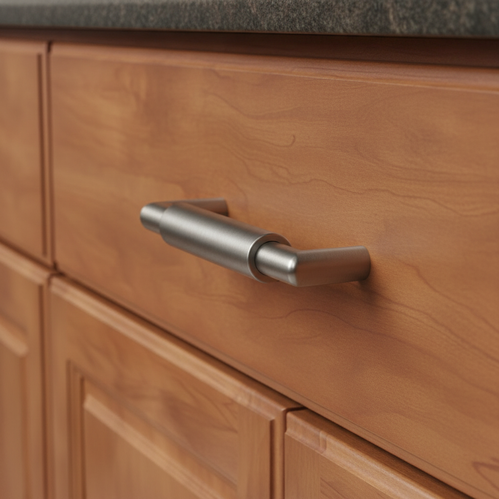 Wooden cabinet with a satin nickel cabinet drawer pull  handle 