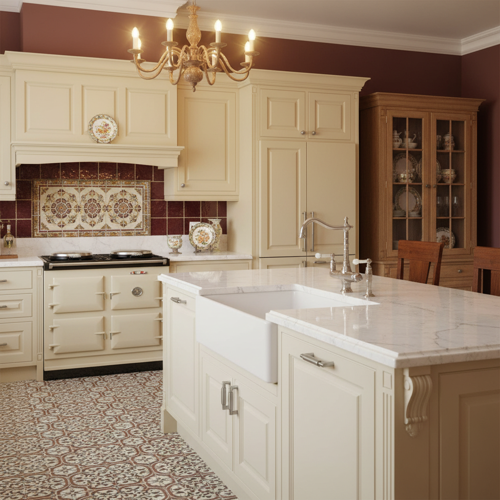 Luxurious kitchen with cream cabinetry, marble countertops, and a chandelier.