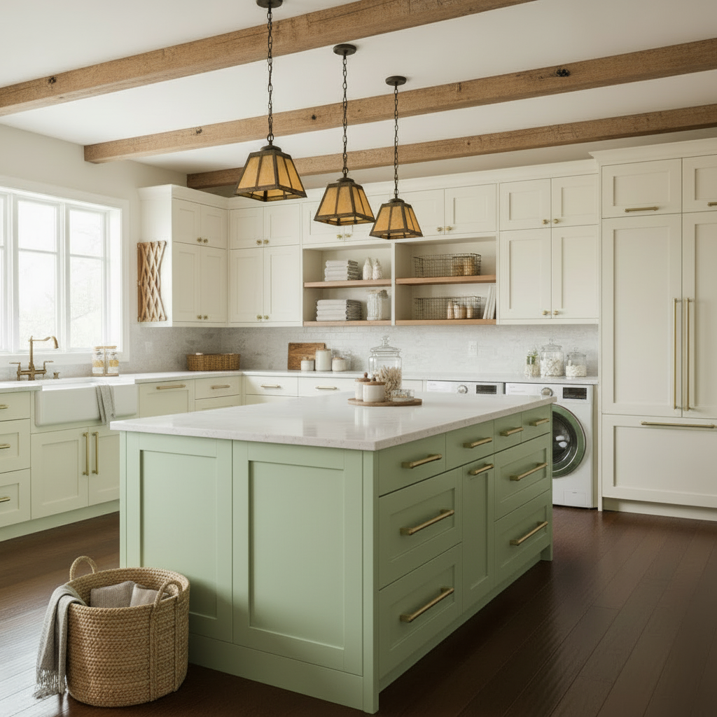 Antique brushed brass cabinet pulls in a modern kitchen laundry combo room