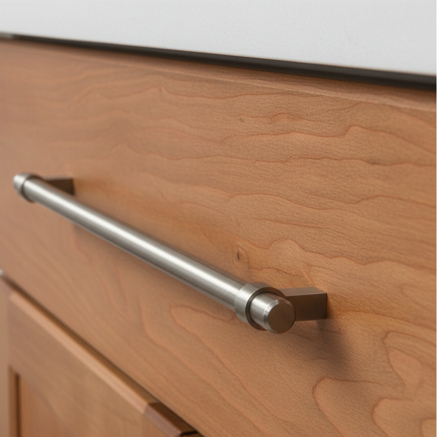 Wooden drawer with a metal handle