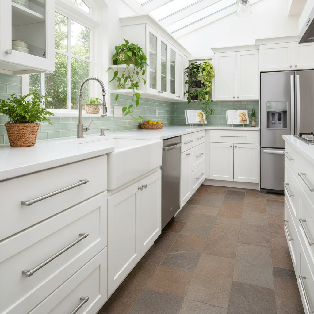 Modern kitchen with white cabinets, stainless steel appliances, and green plants.