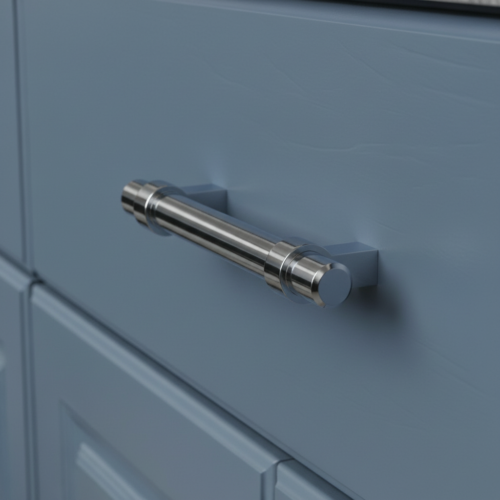 polished chrome solid metal cabinet handle on a blue drawer 