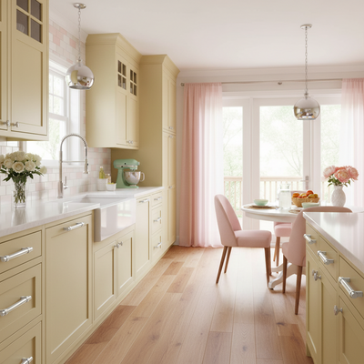 Polished chrome euro in a yellow and pink kitchen 