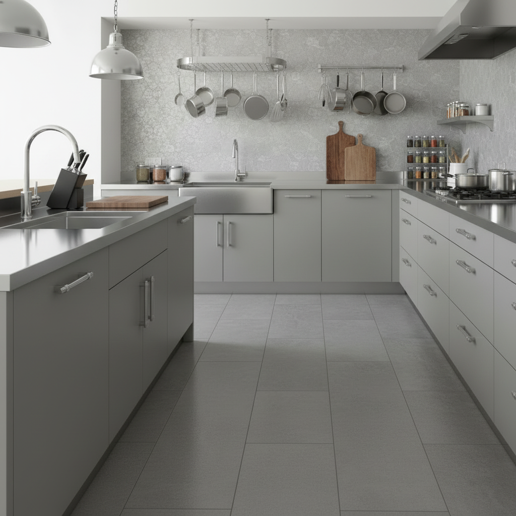 Modern kitchen with gray cabinets, stainless steel appliances, and a tiled floor.