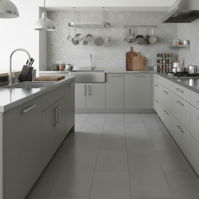 Modern kitchen with gray cabinets, stainless steel appliances, and a tiled floor.