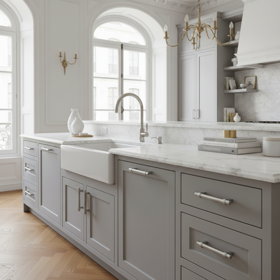 Modern kitchen with gray cabinets, marble countertop, and white marble sink. Solid heavy satin nickel cabinet handles on drawers and doors