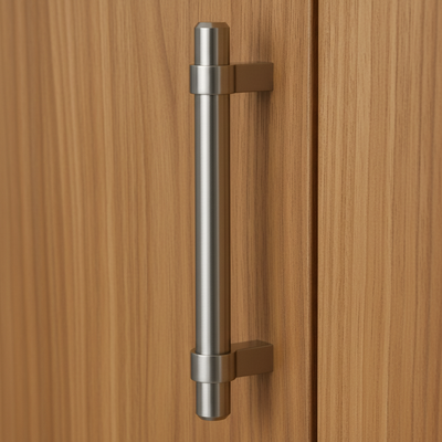 satin nickel handle on a wooden door