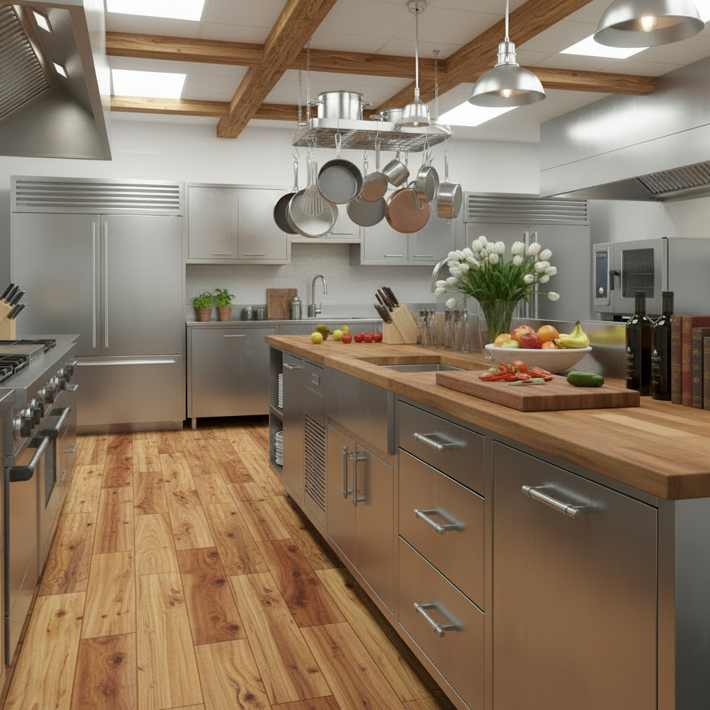 Modern kitchen with stainless steel appliances and wooden flooring