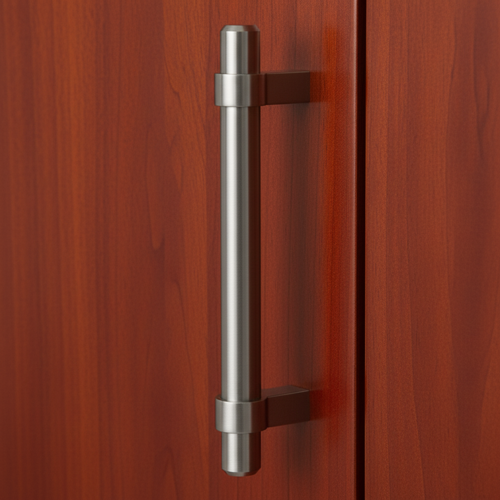 Metal handle on a wooden cabinet door