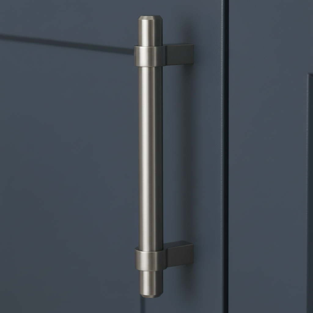 thick cabinet handle on a dark blue cabinet door