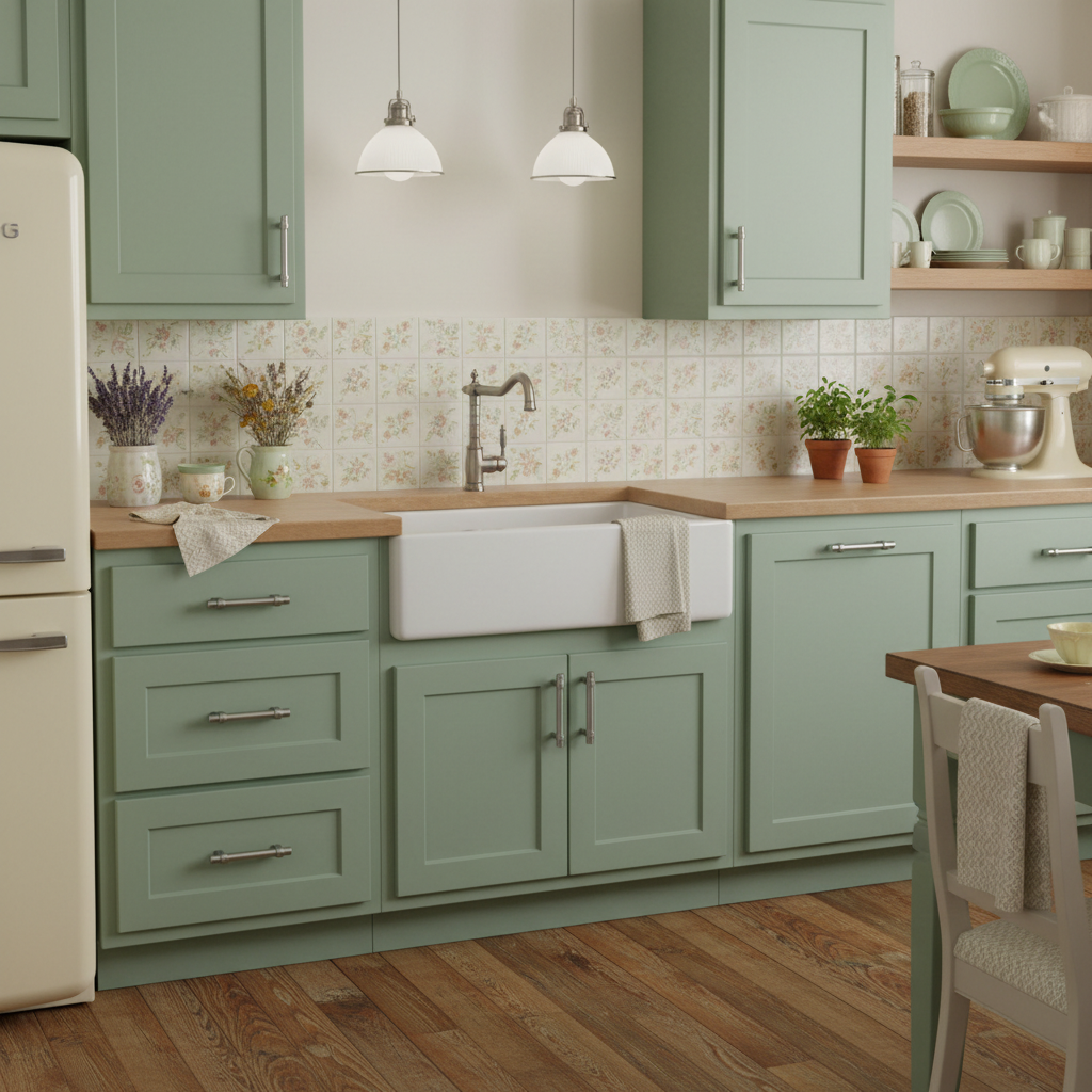 Modern kitchen with green cabinets, wooden countertops, and a white sink.