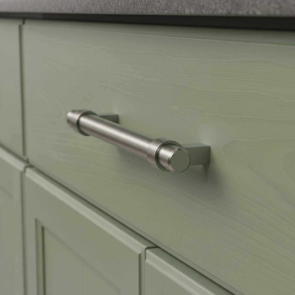 Close-up of a green cabinet with a silver handle