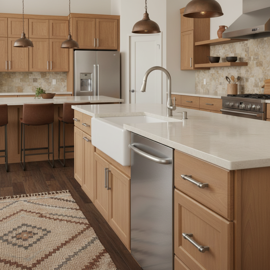 Modern kitchen with wooden cabinets, stainless steel appliances, and a white countertop.