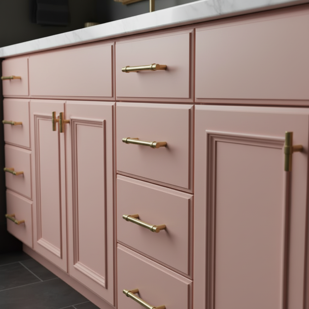 Brushed brass with antique finish installed on a rose bathroom vanity 

