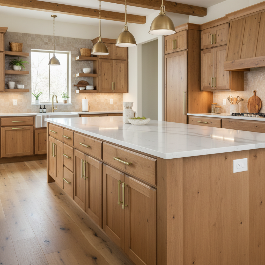 Modern kitchen with wooden cabinets and white countertops