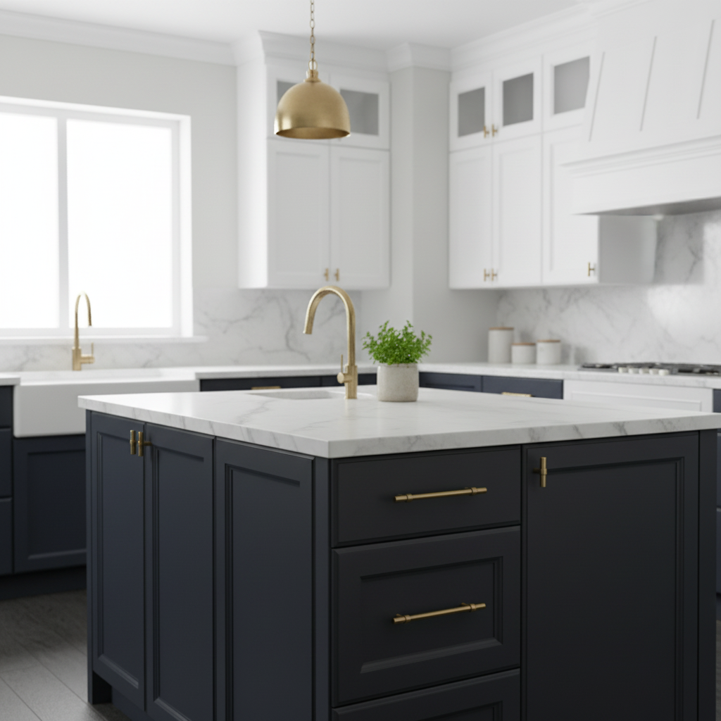 Brushed antique brass cabinet knobs and handles on a modern kitchen with black island, white countertops, and gold fixtures.