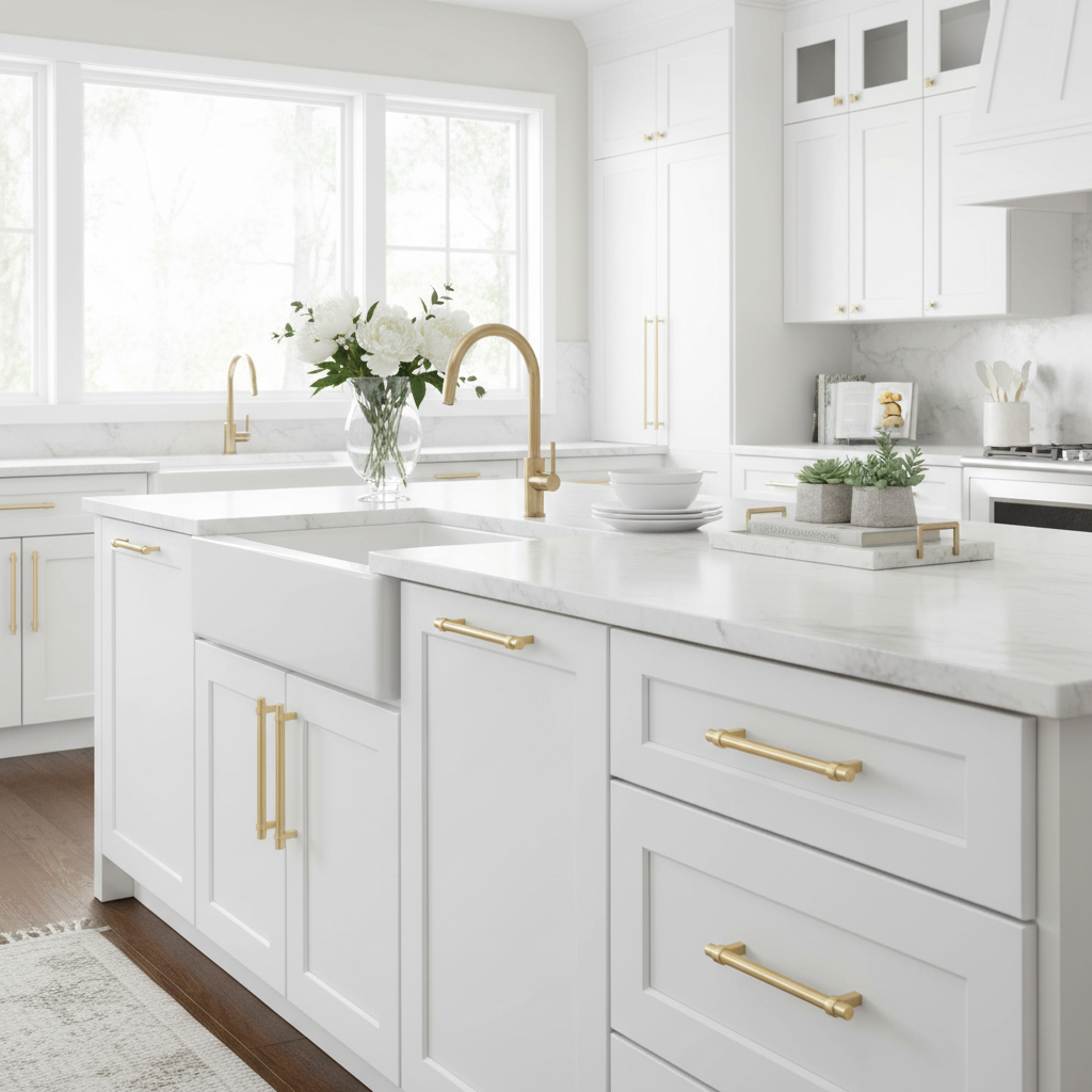 White kitchen with brass cabinet hardware and matching faucet