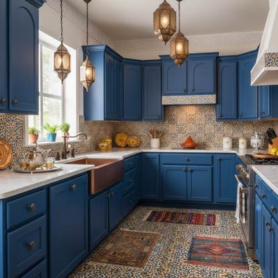 Oil rubbed bronze cabinet knobs in a  kitchen with blue cabinets, marble countertops, and decorative elements.