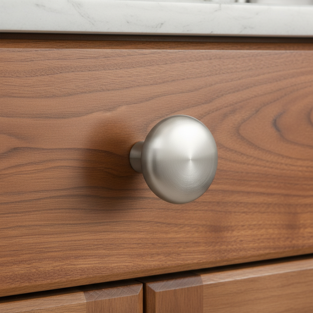 Wooden drawer with a metallic knob on a marble countertop background