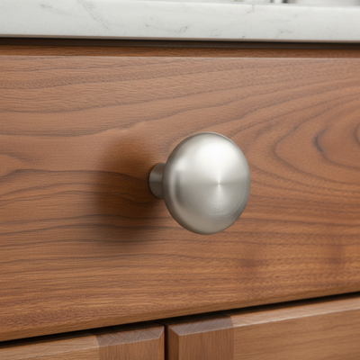 Wooden drawer with a metallic knob on a marble countertop background