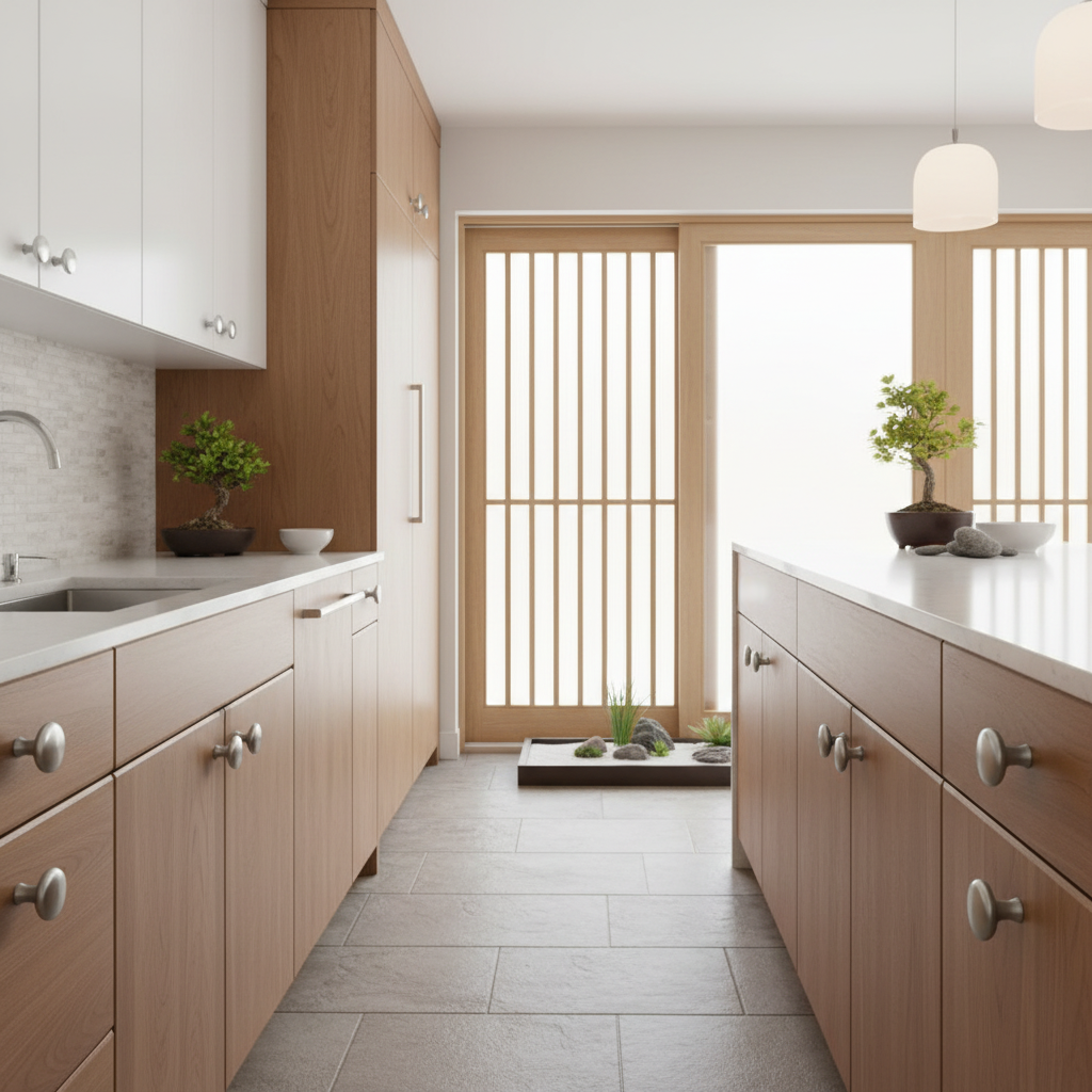 Modern kitchen with wooden cabinets and a large window