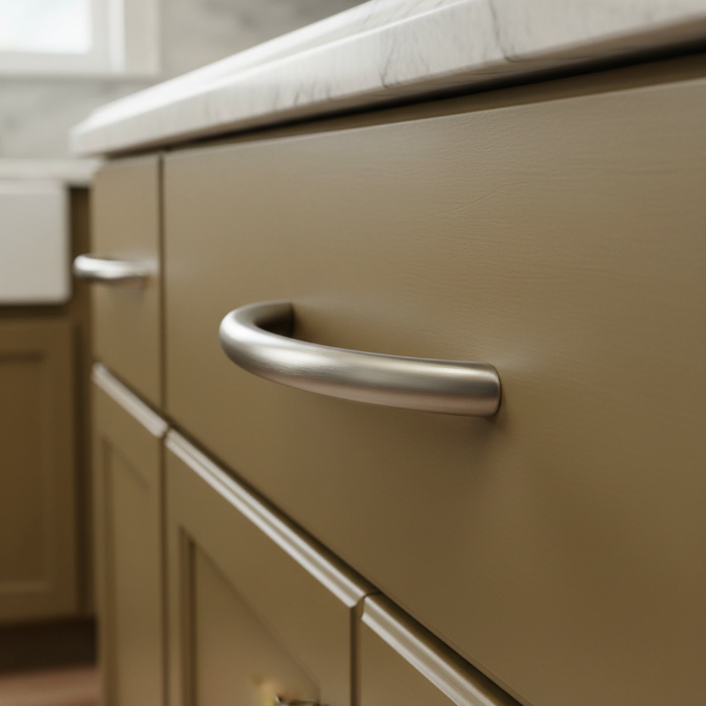 Close-up of a beige kitchen cabinet with a metallic handle