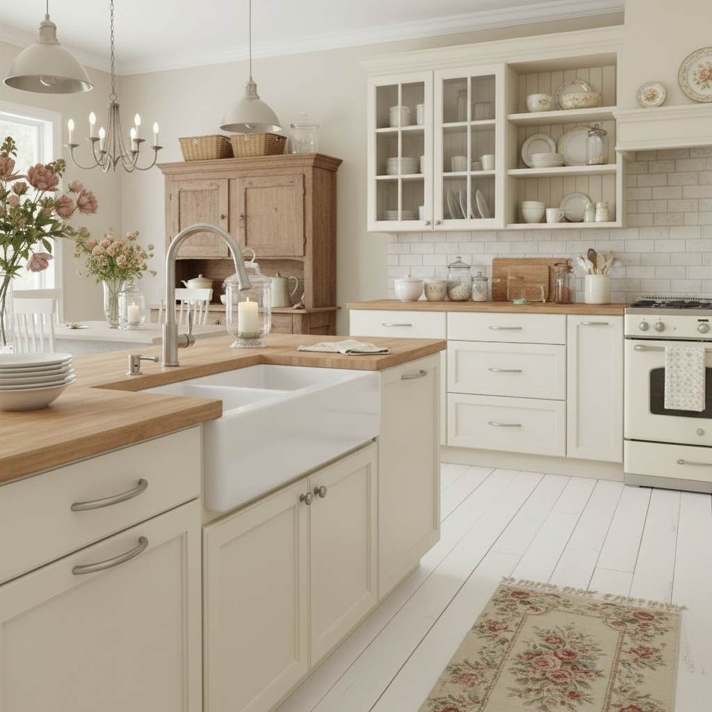 Modern kitchen with wooden countertops and white cabinets