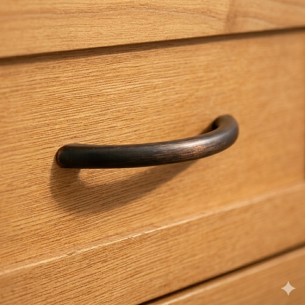 Wooden drawer with a dark handle