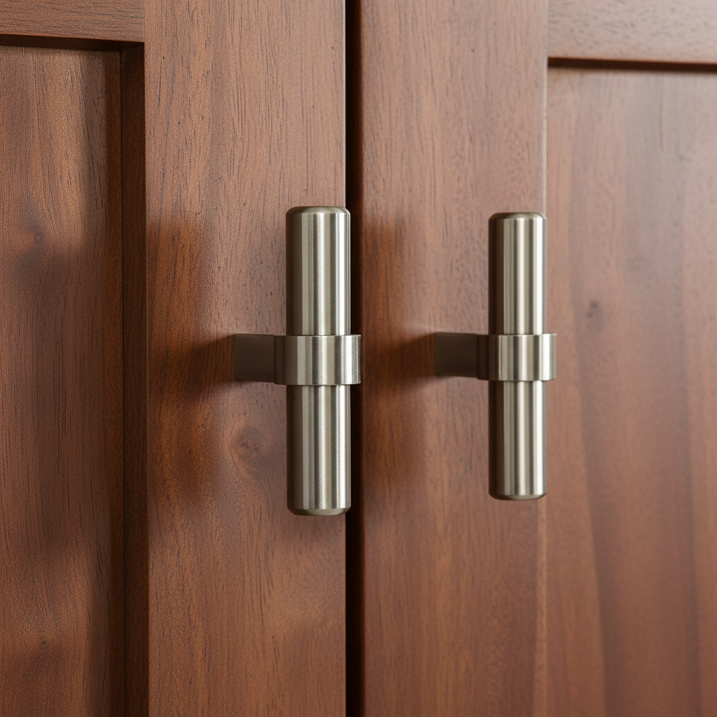 Two satin nickel cabinet handles on a wooden door
