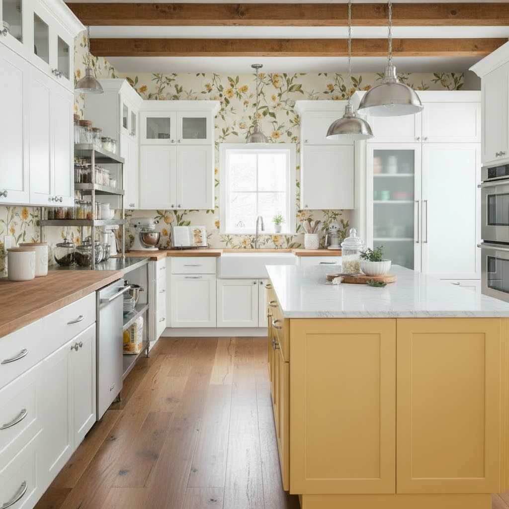 Modern kitchen with white cabinets, wooden floor, and yellow island.