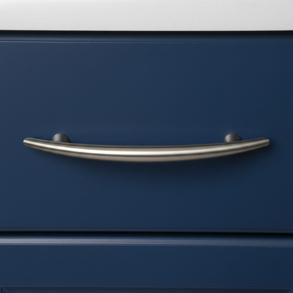 Blue drawer with a silver handle on a white background