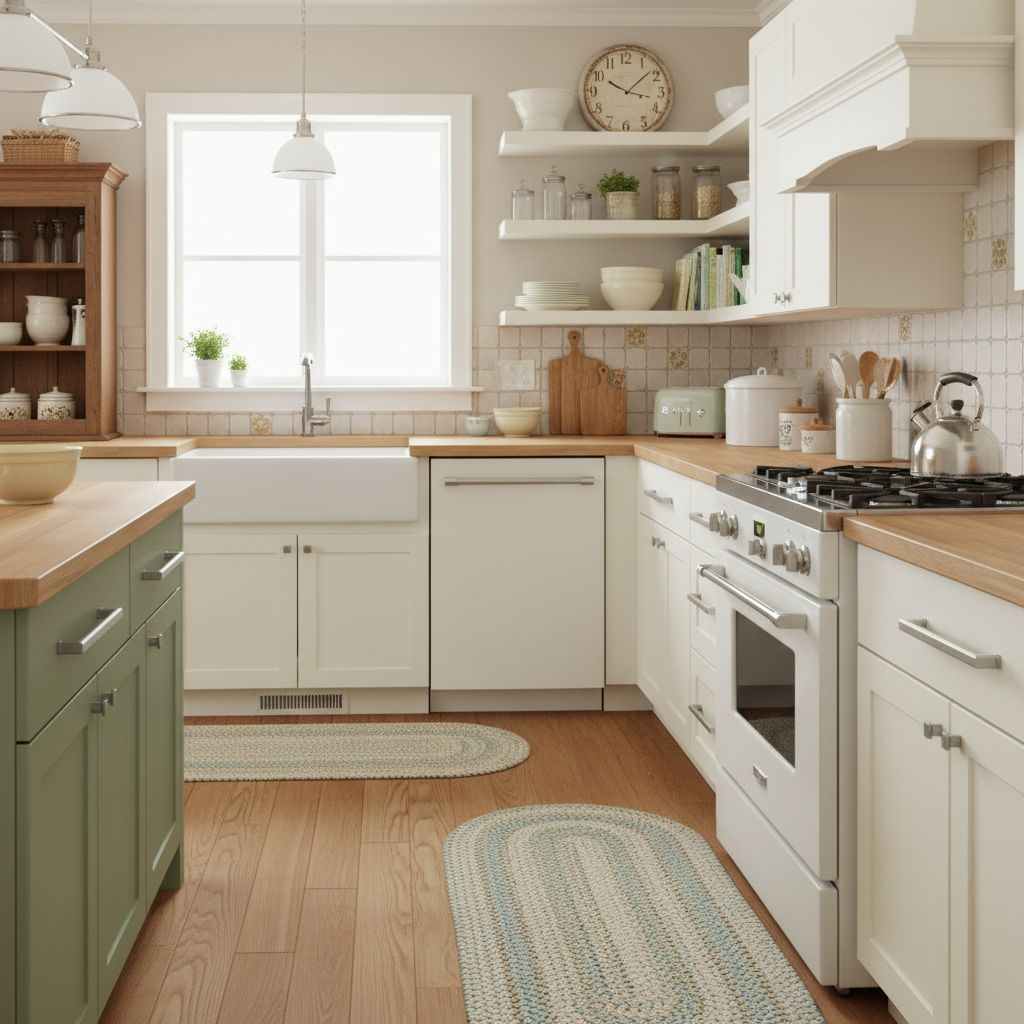Modern kitchen with white cabinets, wooden countertops, and various kitchen appliances.