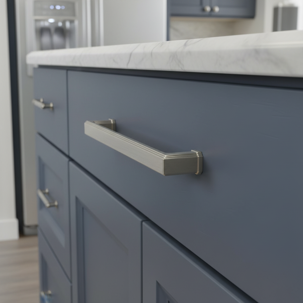 Close-up of a blue kitchen cabinet with a metallic handle