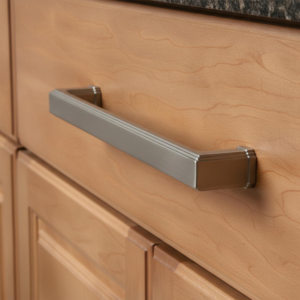 satin nickel metal cabinet handle on a wooden cabinet