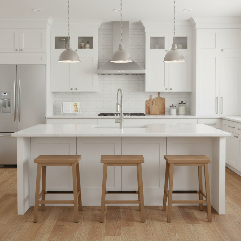 satin nickel cabinet knobs in a modern kitchen with white island, wooden stools, and stainless steel appliances.