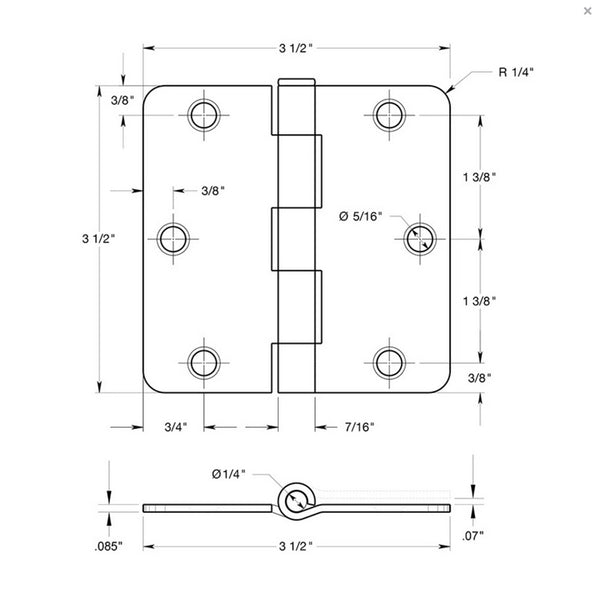 Satin Brass 3-1/2" Door Hinge with 5/8" Radius Corners - DoorCorner.com