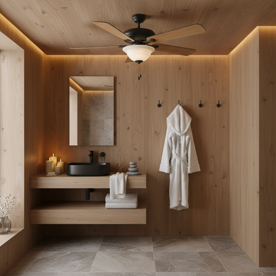 A matte black 52-inch ceiling fan with a light kit, featuring blades in an alternating medium oak and black finish, and a central motor unit with a black finish.