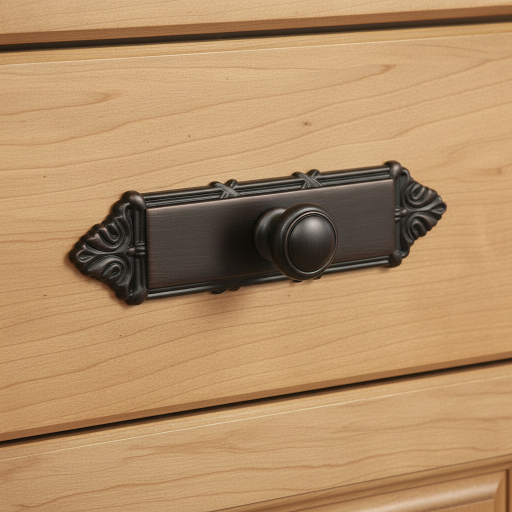 An oil rubbed bronze cabinet knob backplate with ornate edge detailing.