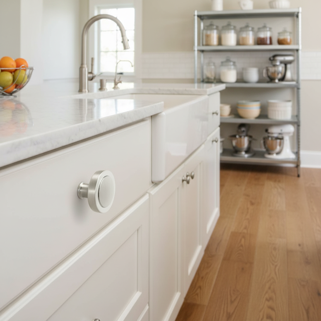 round satin nickel cabinet knob on a modern kitchen with white cabinets, marble countertop, and stainless steel appliances.