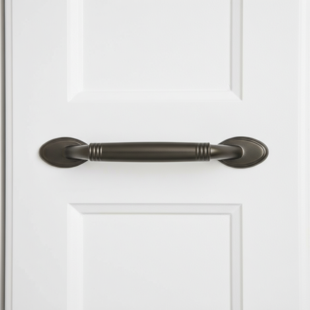 Graphite gray cabinet handle on a white door
