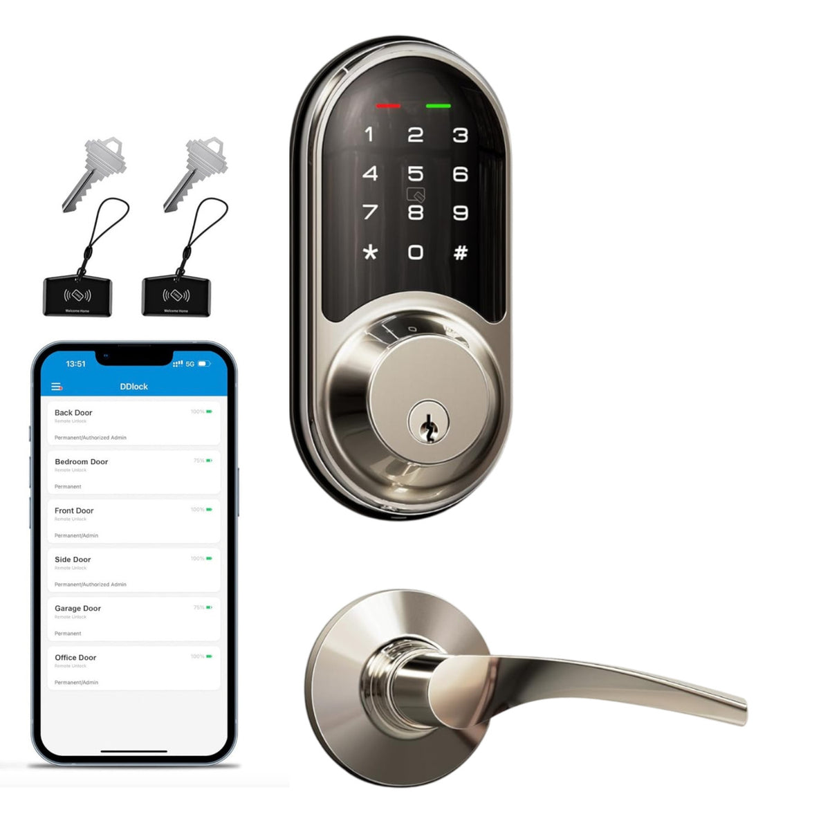 Keyless Entry RZ06B Satin Nickel Keypad Smart Deadbolt and Door Lever