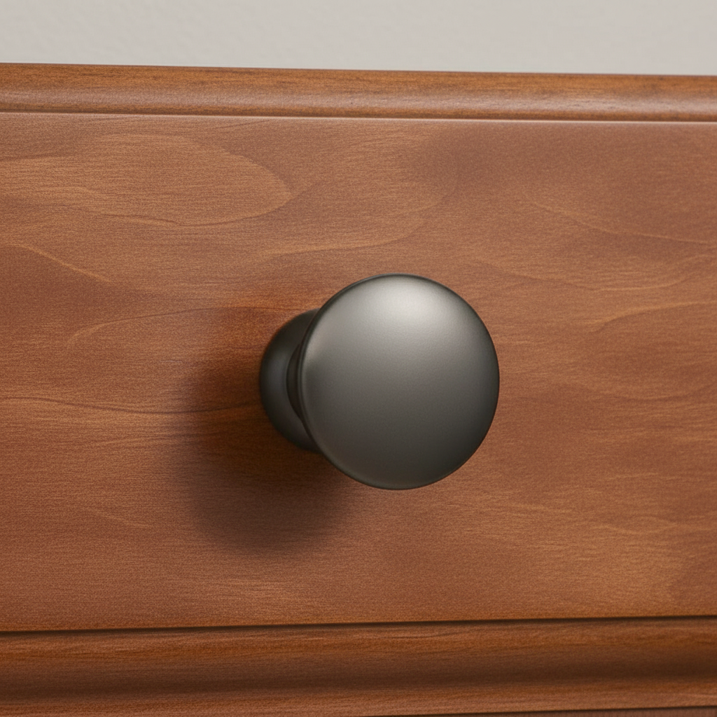 Wooden drawer with a metallic knob