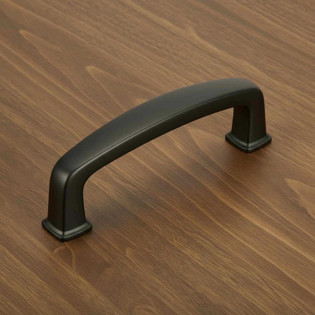 graphite gray cabinet handle on a wooden surface