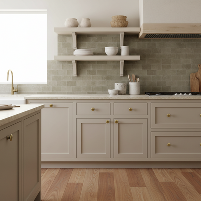 Brushed brass antique cabinet knobs kitchen with beige cabinets, wooden floor, and white shelves.