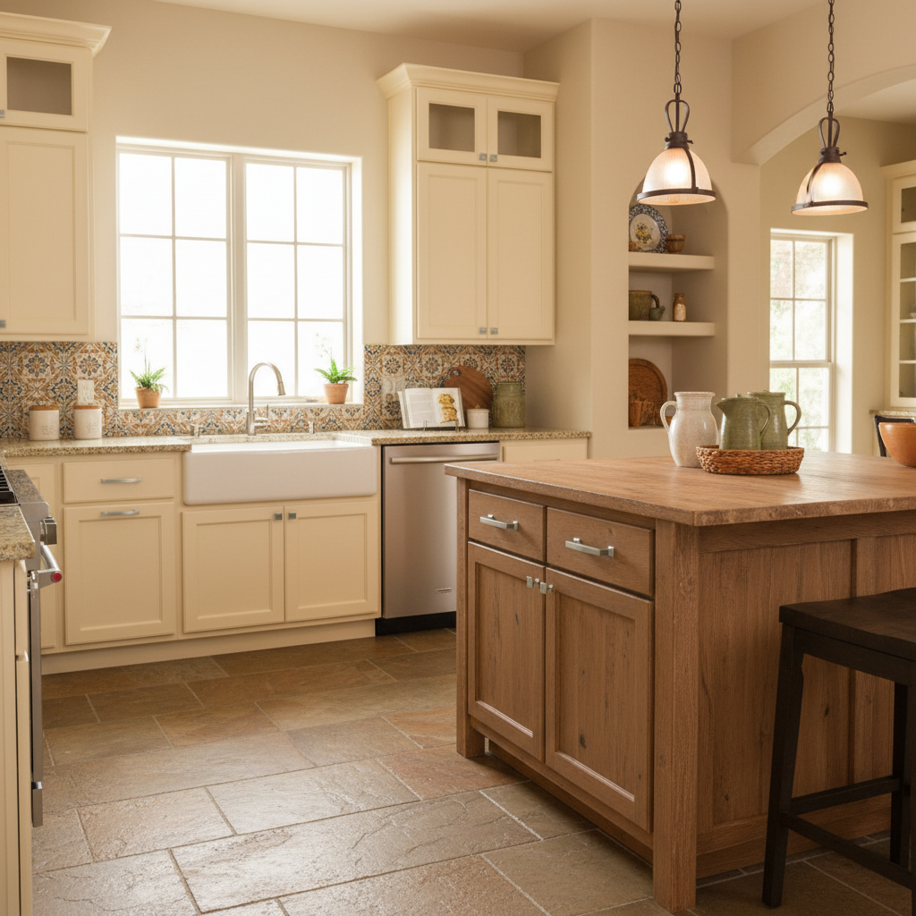 Kitchen with wooden island, white cabinets, and large window