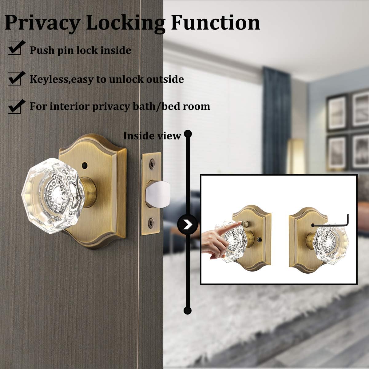 Antique Brass Crystal Privacy Locking Bedroom/Bathroom Door Knob